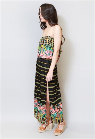 VINTAGE 1970'S SHEER FLORAL & STRIPE STRAPLESS MAXI DRESS