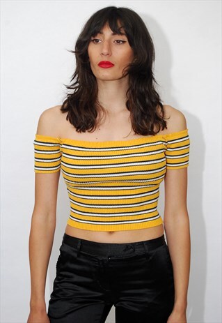 Y2K CROP TOP (M) VINTAGE GOLD OFF SHOULDER 2000S BODYCON