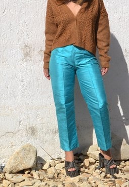 Blue silky 3/4 cropped cigarette trousers.