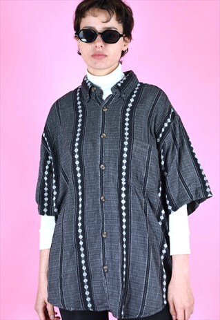 VINTAGE 90S FLANNEL SHIRT GREY BLACK WHITE STRIPED