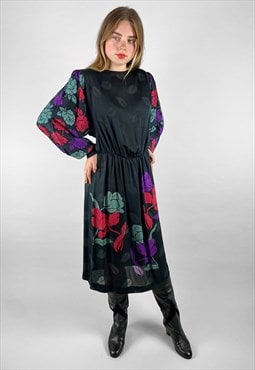 80's Black Silky Floral Vintage Bell Sleeve Midi Dress