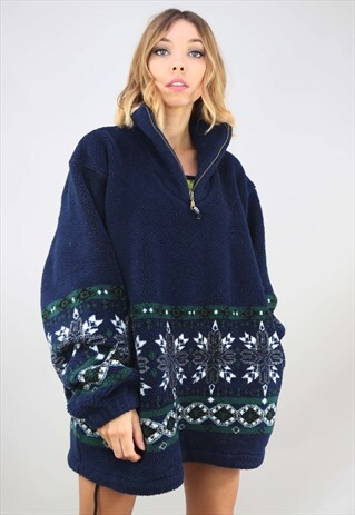 VINTAGE 90S OVERSIZED 1/4 ZIP PATTERNED TEDDY FLEECE