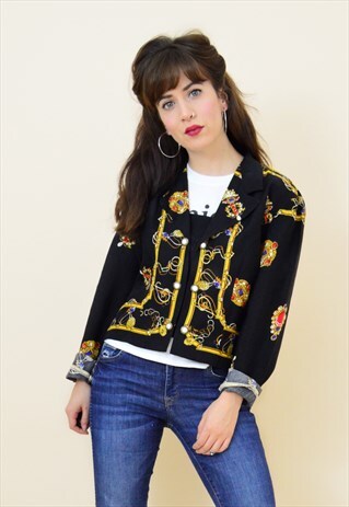 VINTAGE 90S BLACK BAROQUE PRINTED CROPPED JACKET