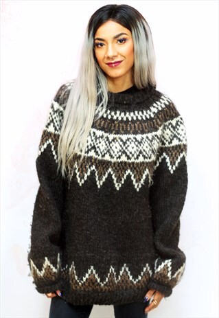 1980S VINTAGE BROWN AND CREAM ICELANDIC WOOL KNIT JUMPER