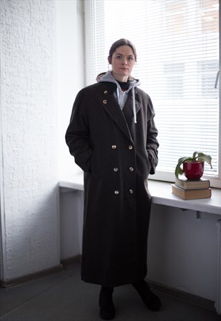 VINTAGE 80'S MAXI GREY WOOL DOUBLE BREASTED COAT