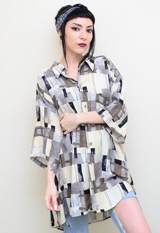 VINTAGE 90'S RETRO BLOCK PATTERNED OVERSIZED SHIRT