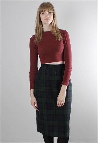 VINTAGE 80S BLUE GREEN TARTAN CHECK PENCIL SKIRT