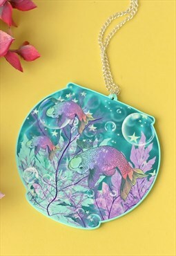 Fish Bowl Teal Large Acrylic Silver Necklace