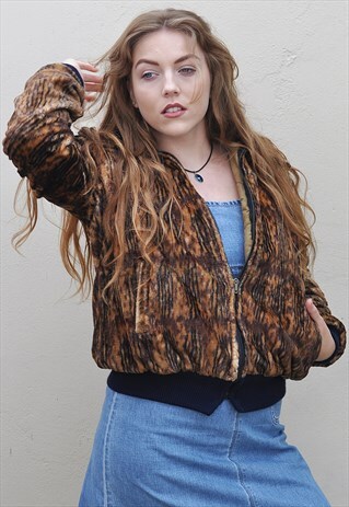VINTAGE 90S ANIMAL PRINT FAUX FUR BOMBER JACKET