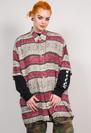VINTAGE 90'S RED & WHITE BATIK PATTERN OVERSIZED SHIRT