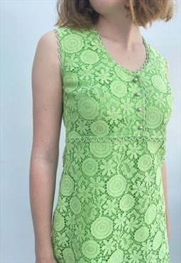 60's Ladies Vintage Green Lace Sleeveless Lace Dress