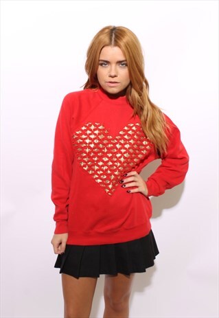 VINTAGE 1980'S 80'S RED & GOLD STUDDED HEART SWEATSHIRT M-L