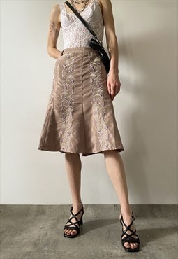 Vintage light brown midi skirt with embroidered flowers