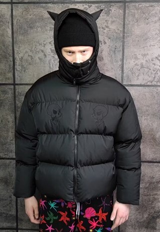 DEVIL HORN BOMBER JACKET SKELETON PATCH HOOD PUFFER BLACK