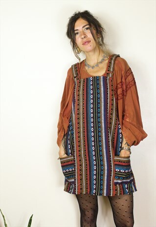BOHO BLUE & ORANGE DUNGAREE / OVERALL DRESS