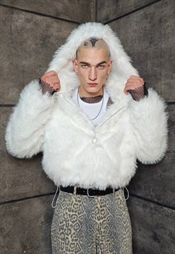 Hooded faux fur jacket white cropped detachable luxe bomber