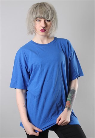 VINTAGE 80'S BASICS BLUE OVERSIZE CREW NECK T-SHIRT LARGE