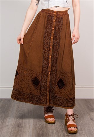 90'S GRUNGE HIPPIE STYLE BROWN EMBROIDERED BOHO MAXI SKIRT