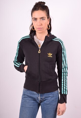 ADIDAS WOMENS VINTAGE HOODIE JACKET MEDIUM BLACK 90'S