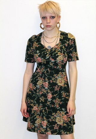 70S VINTAGE DARK GREEN FLORAL SKATER DRESS FESTIVAL TEA BOHO