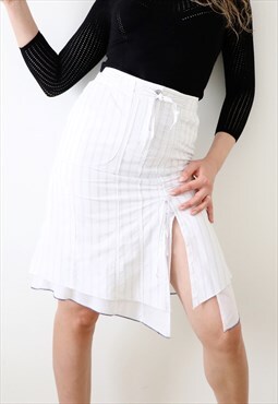 Vintage Y2k Asymmetric Midi Skirt Drawstring Ruched White