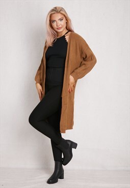 Camel Long Sleeve Open Front Knitted Cardigan