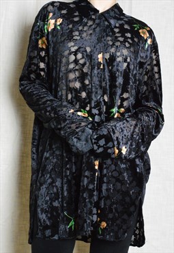 Vintage 90s Black Sheer Velvet Flower Gothic Grunge Shirt