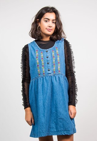 VINTAGE 90'S FLOWER DETAIL BLUE DENIM PINAFORE DRESS