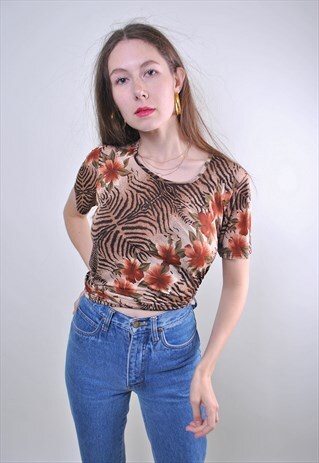 RETRO TIGER WOMEN TSHIRT, FLOWERS PRINT TEE
