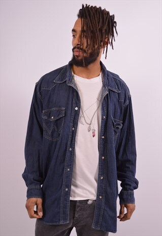 VINTAGE WRANGLER MENS DENIM SHIRT XXL NAVY BLUE