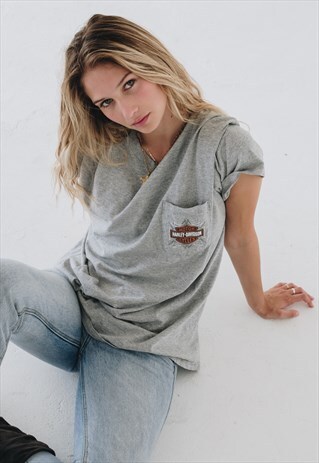 VINTAGE GREY HARLEY DAVIDSON FRONT POCKET LOGO T-SHIRT