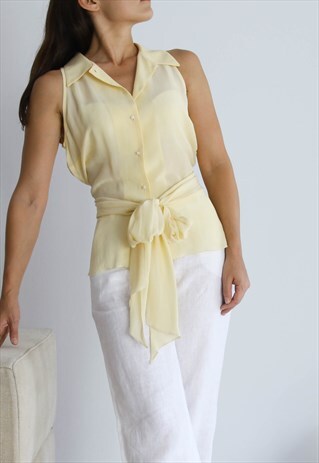 DEADSTOCK 90'S PASTEL YELLOW BELTED BUTTON DOWN BLOUSE