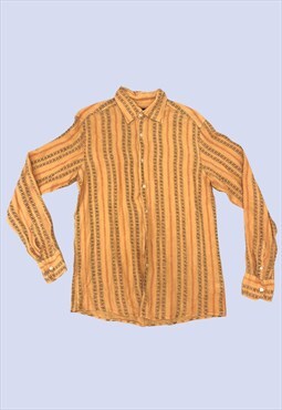 Retro Orange Striped Patterned Shirt Linen Long Sleeve Mens