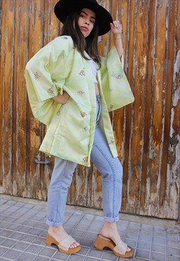 Pale Green Floral Print Mid Length Kimono Jacket
