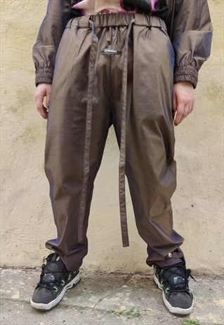 LUMINOUS JOGGERS BAGGY FIT Y2K SHINY OVERALLS BRONZE BROWN