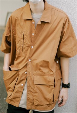 Brown Cargo Pockets Oversized Shorts sleeve shirt Y2k
