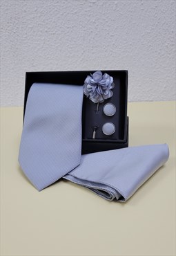 Grey Woven Handkerchief Men Necktie and Lapel Pin Brooch Se