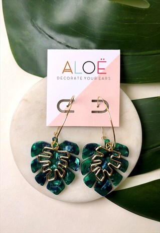 24K GOLD PLATED LARGE BOTTLE GREEN MONSTERA HOOP EARRINGS