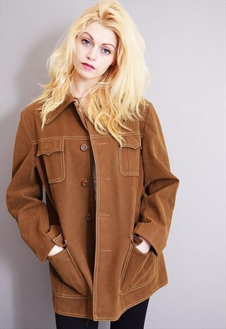 VINTAGE 70'S FAUX SUEDE LIKE BROWN OVERSIZED TRENCH JACKET