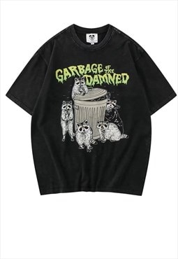 Raccoon t-shirt garbage slogan tee in vintage acid black