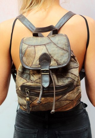 1990S VINTAGE PATCHWORK TAN REAL LEATHER BACKPACK