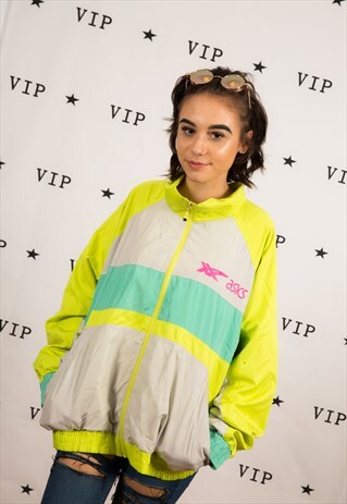 80S VINTAGE LIME GREEN & GREY ASICS SHELLSUIT JACKET UNISEX