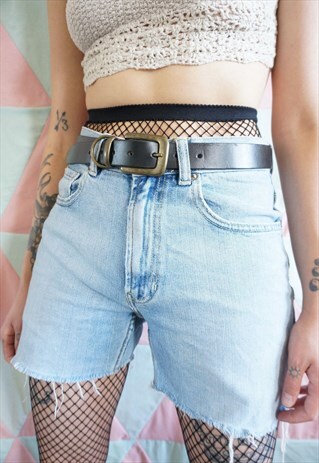 VINTAGE 80S BLACK LEATHER BELT WITH BRASS COLOUR BUCKLE