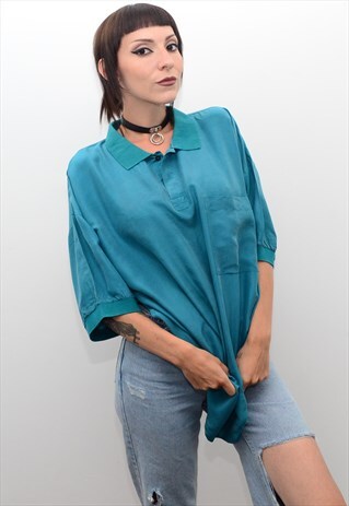 VINTAGE 90'S GENUINE SILK TURQUOISE BLUE OVERSIZED SHIRT