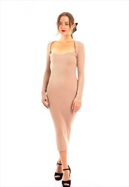 Soft Knitted Ribbed Midi Bodycon Dress Long Sleeve In beige