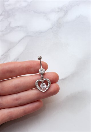 CRYSTAL HEART BELLY BAR PRETTY CUTE CZ STEEL BODY JEWELRY