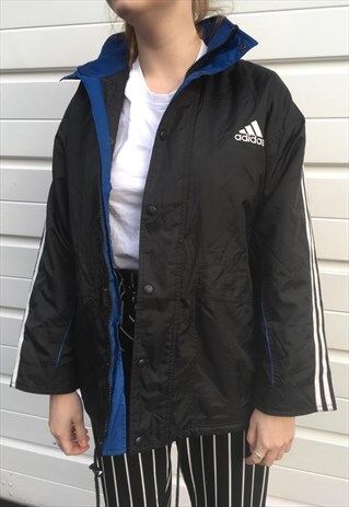 WOMENS VINTAGE BLACK BLUE ADIDAS SPORTSWEAR COAT JACKET TOP