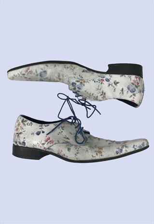 WHITE FLORAL PRINT POINTED LACE UP SMART FORMAL SHOES