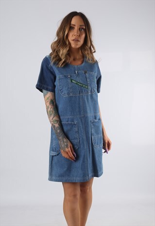 VINTAGE DENIM DRESS BICH REWORKED DUNGAREES UK 8 - 10 (EDDD)
