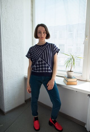 VINTAGE 80'S BLUE/WHITE KNITTED TOP